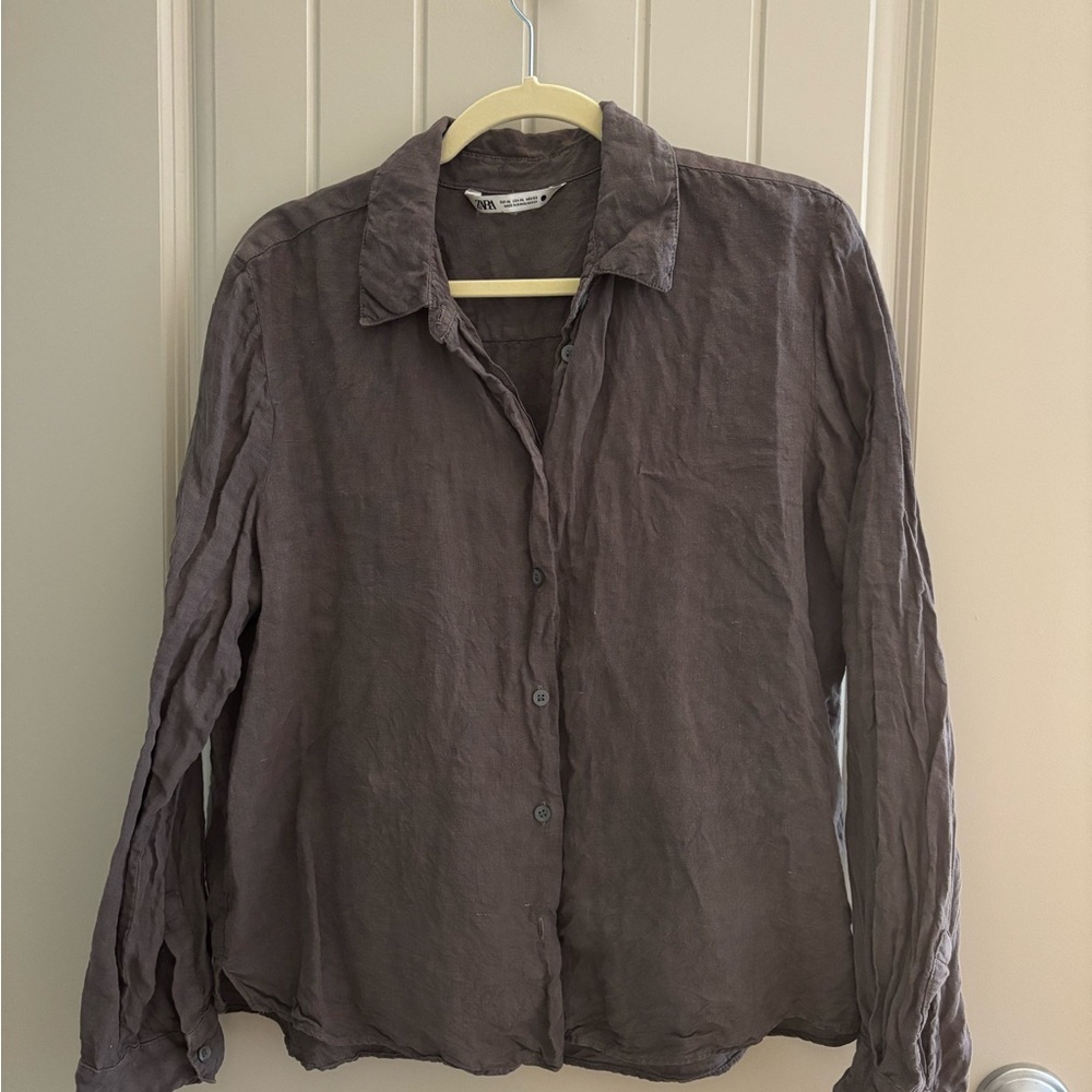 Zara Charcoal Linen Button-Up Shirt